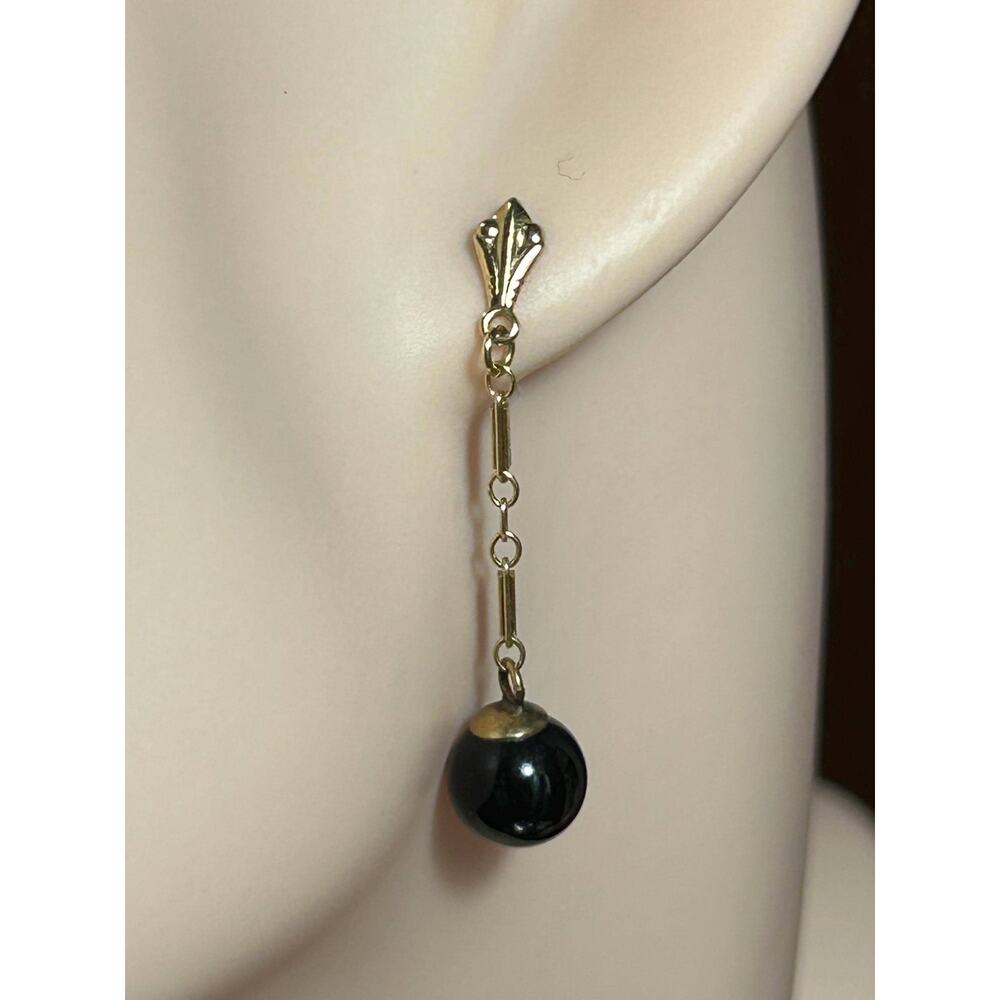 Vintage 14k solid yellow gold black onyx drop dangle post earrings fine jewelry